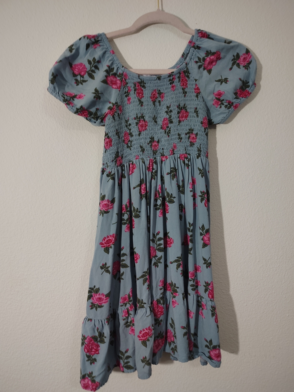 The Children's Place Blue Floral Smocked Puff-Sleeve Dress with Pink Roses